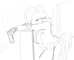 Size: 1103x897 | Tagged: safe, artist:zev, character:babs seed, species:anthro, breasts, busty babs seed, desert eagle, female, fingerless gloves, grayscale, gun, monochrome, older, pistol, solo