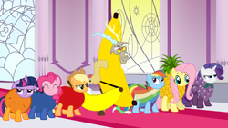 Size: 6400x3600 | Tagged: safe, artist:beavernator, character:applejack, character:discord, character:fluttershy, character:pinkie pie, character:rainbow dash, character:rarity, character:twilight sparkle, apple, banana, banana suit, blueberry, clothing, costume, food, food costume, fruit, grapes, mane six, orange, pineapple, willy wonka's experimental three-course-meal-flavored gum, zap apple