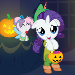 Size: 4000x4000 | Tagged: safe, artist:beavernator, character:rarity, character:sweetie belle, species:pony, absurd resolution, baby, baby belle, baby pony, beavernator is trying to murder us, clothing, costume, cute, diasweetes, filly, floppy ears, foal, name joke, name pun, nightmare night, peter pan, raribetes, tinkerbell