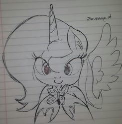 Size: 500x511 | Tagged: safe, artist:zev, character:princess luna, butterfly, female, filly, grayscale, lined paper, monochrome, paper, photo, sketch, solo, traditional art, woona