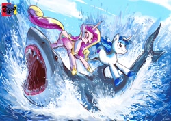 Size: 3508x2480 | Tagged: safe, artist:jowyb, character:princess cadance, character:shining armor, species:alicorn, species:pony, species:unicorn, animal, cloud, female, jump the shark, jumping, jumping the shark, literal, male, mare, ocean, open mouth, shark, sky, smiling, stallion, teeth, water