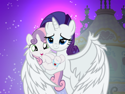 Size: 3000x2250 | Tagged: safe, artist:beavernator, character:rarity, character:sweetie belle, species:alicorn, species:pony, alicornified, bandage, big wings, carrying, holding a pony, injured, lidded eyes, race swap, raricorn, story in the source, wings