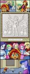 Size: 800x1977 | Tagged: safe, artist:uotapo, character:applejack, character:fluttershy, character:pinkamena diane pie, character:pinkie pie, character:princess luna, character:rainbow dash, character:rarity, character:snails, character:snips, character:spike, character:sunset shimmer, character:twilight sparkle, character:vice principal luna, species:dog, my little pony:equestria girls, applejack is not amused, boots, bracelet, clothing, comic, element of magic, female, fluttershy is not amused, humane five, jewelry, kneeling, mane seven, mane six, meme, meme origin, open mouth, orz, pants, pinkie pie is not amused, question mark, rainbow dash is not amused, rarity is not amused, shoes, skirt, sledgehammer, spike the dog, sunset's art critics, sweat, tongue out, trowel, unamused, vice principal luna, wings