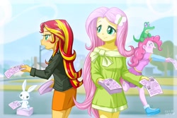 Size: 1000x667 | Tagged: safe, artist:uotapo, character:angel bunny, character:fluttershy, character:gummy, character:pinkie pie, character:sunset shimmer, species:rabbit, my little pony:equestria girls, blushing, butterfly, clothing, cloud, eyes closed, female, jacket, open mouth, shoes, skirt, sky, smiling, sneakers, sunset helper, volunteering, working