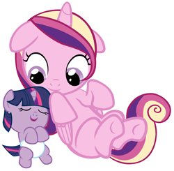 Size: 4400x4320 | Tagged: safe, artist:beavernator, character:princess cadance, character:twilight sparkle, species:pony, absurd resolution, baby, baby pony, babylight sparkle, cute, cutedance, diaper, filly, foal, simple background, sleeping, white background