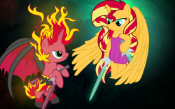 Size: 6400x4000 | Tagged: safe, artist:beavernator, character:sunset satan, character:sunset shimmer, species:alicorn, species:pony, episode:my past is not today, g4, my little pony: equestria girls, my little pony:equestria girls, alicornified, angel, demon, equestria girls ponified, fiery shimmer, hilarious in hindsight, ponidox, ponified, race swap, self ponidox, shimmercorn, sunset phoenix, sunset satan, sunset's conscience, sword, wings