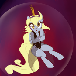 Size: 600x600 | Tagged: safe, artist:grissaecrim, character:derpy hooves, species:pegasus, species:pony, crossover, crown, cute, damsel in distress, derpabetes, don bluth, dragon's lair, female, glitter, leotard, mare, princess daphne, princess derpy, see-through, solo