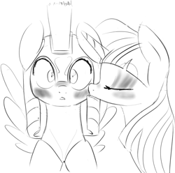 Size: 886x879 | Tagged: source needed, safe, artist:zev, character:flash sentry, character:twilight sparkle, ship:flashlight, blushing, cute, eyes closed, eyeshadow, female, grayscale, helmet, kissing, male, monochrome, royal guard, shipping, smooch, spread wings, straight, surprise kiss, surprised, wingboner, wings