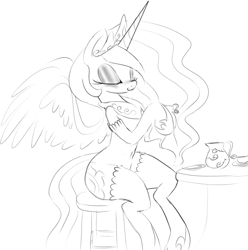 Size: 1265x1277 | Tagged: safe, artist:zev, character:princess celestia, belly button, eyes closed, eyeshadow, female, grayscale, monochrome, smiling, solo, spread wings, stockings, tea, teacup, wings