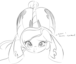 Size: 1266x1076 | Tagged: safe, artist:zev, character:princess luna, species:alicorn, species:pony, dialogue, face down ass up, female, grayscale, looking at you, mare, monochrome, pouting, puppy dog eyes, sketch, solo, speech bubble
