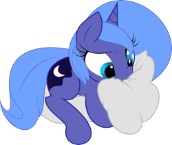 Size: 5000x4201 | Tagged: safe, artist:qcryzzy, artist:zev, character:princess luna, species:pony, absurd resolution, angry, biting, cute, diabetes, female, filly, glare, lunabetes, nom, pillow, simple background, solo, transparent background, vector, woona