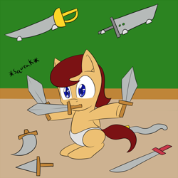 Size: 500x500 | Tagged: safe, artist:jake heritagu, oc, oc only, oc:lightning blitz, parent:rain catcher, parent:scootaloo, parents:catcherloo, species:pegasus, species:pony, baby, baby pony, bastard sword, blank flank, buster sword, colt, hoof hold, lightning blitz answers, male, mouth hold, offspring, solo, sword, tumblr, weapon