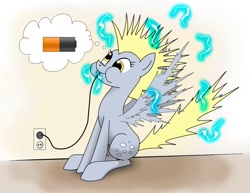 Size: 1125x870 | Tagged: safe, artist:underpable, character:derpy hooves, species:pegasus, species:pony, charger, charging, derpy being derpy, electricity, electrocution, energy, european plug, female, mare, plug, puffy cheeks, shock, shocked, solo, static