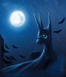 Size: 1148x1347 | Tagged: safe, artist:grissaecrim, character:princess luna, species:bat, batman, female, moon, night, rain, solo