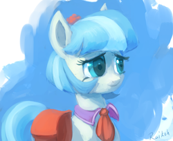 Size: 1280x1045 | Tagged: safe, artist:raikoh, character:coco pommel, species:earth pony, species:pony, episode:rarity takes manehattan, g4, my little pony: friendship is magic, bag, female, mare, saddle bag, solo, three quarter view