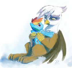Size: 1500x1407 | Tagged: safe, artist:grissaecrim, character:gilda, character:rainbow dash, species:griffon, species:pony, cloud, cloudy, commission, female, holding a pony, looking at something, mare, plushie, sad, signature, sitting, sky, solo