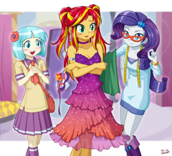 Size: 1000x905 | Tagged: safe, artist:uotapo, character:coco pommel, character:rarity, character:sunset shimmer, my little pony:equestria girls, alternate hairstyle, beautiful, blushing, clothing, cocobetes, cute, dress, equestria girls-ified, female, glasses, glasses rarity, mask, open mouth, pigtails, raribetes, shimmerbetes, sleeveless, strapless, sunset helper, uotapo is trying to murder us
