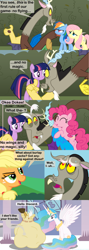 Size: 1280x3600 | Tagged: safe, artist:beavernator, character:applejack, character:discord, character:fluttershy, character:pinkie pie, character:princess celestia, character:rainbow dash, character:twilight sparkle, abuse, alternate ending, bag, comic, discordabuse, missing horn, modular, pinkie being pinkie, sack, sweat, sweatdrop, who else but pinkie, wingless