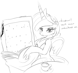 Size: 1207x1136 | Tagged: safe, artist:zev, character:princess celestia, cargo ship, crack shipping, cuddling, cup, dialogue, drink, female, grayscale, monochrome, poptart, snuggling, solo, wat