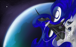 Size: 1889x1181 | Tagged: safe, artist:underpable, character:nightmare moon, character:princess luna, chains, collar, earth, female, floppy ears, looking up, missing accessory, moon, planet, smiling, solo, space, wheatley