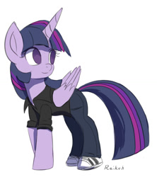 Size: 900x1014 | Tagged: safe, artist:grissaecrim, character:twilight sparkle, character:twilight sparkle (alicorn), species:alicorn, species:pony, casual, clothing, female, jeans, mare, shoes, simple background, sneakers, solo