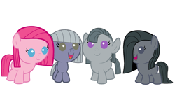 Size: 1022x585 | Tagged: safe, artist:beavernator, edit, character:limestone pie, character:marble pie, character:pinkamena diane pie, character:pinkie pie, oc, oc:minkie pie, species:pony, alternate design, baby, baby pie, baby pony, foal, looking at you, open mouth, pie sisters, smiling