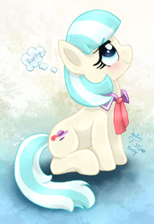Size: 900x1310 | Tagged: safe, artist:joakaha, character:coco pommel, ship:marshmallow coco, blushing, daydream, female, implied rarity, lesbian, shipping, sitting, smiling, solo, thought bubble