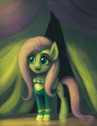 Size: 1020x1320 | Tagged: safe, artist:grissaecrim, character:flutterbat, character:fluttershy, episode:filli vanilli, g4, my little pony: friendship is magic, cute little fangs, fangs, female, ponytones outfit, solo