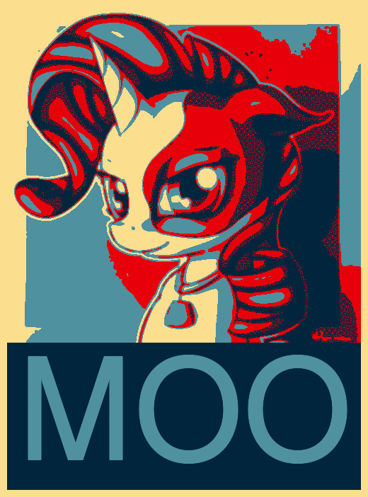 Size: 520x702 | Tagged: safe, artist:neko-me, edit, character:rarity, species:cow, bell, cowbell, cute, female, hope poster, lidded eyes, looking at you, moo, raricow, smiling, solo, species swap