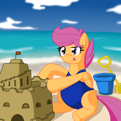 Size: 1600x1600 | Tagged: safe, artist:jake heritagu, character:scootaloo, species:pegasus, species:pony, ask pregnant scootaloo, beach, clothing, female, one-piece swimsuit, pregnant, pregnant scootaloo, sandcastle, solo, swimsuit, teen pregnancy