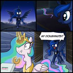 Size: 1000x1000 | Tagged: safe, artist:uotapo, character:princess celestia, character:princess luna, species:alicorn, species:pony, :t, balcony, caught, comic, crying, cute, dialogue, donut, door, dramatic entrance, female, flying, food, frown, glowing eyes, horn grab, krispy kreme, levitation, long tail, magic, mare, night, open mouth, sad, sisters, speech bubble, spread wings, swallowing, tail, telekinesis, this will end in tears and/or death, wide eyes, wings