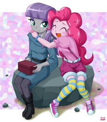 Size: 793x900 | Tagged: safe, artist:uotapo, character:maud pie, character:pinkie pie, episode:maud pie, g4, my little pony: friendship is magic, my little pony:equestria girls, blushing, boots, clothing, cute, diapinkes, eyes closed, female, hug, maudabetes, open mouth, shoes, shorts, sitting, smiling, sneakers, socks, striped socks, suspenders, uotapo is trying to murder us, when she smiles