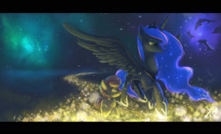 Size: 1719x1047 | Tagged: safe, artist:grissaecrim, character:princess luna, character:sweetie belle, species:alicorn, species:pony, species:unicorn, episode:for whom the sweetie belle toils, dolphin, dream sequence, female, filly, glow, mare, scene interpretation