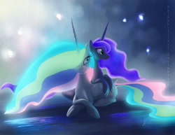 Size: 1650x1275 | Tagged: safe, artist:grissaecrim, character:princess celestia, character:princess luna, species:alicorn, species:pony, female, glowing mane, mare, prone, sisters