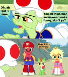 Size: 1280x1440 | Tagged: safe, artist:beavernator, character:apple bloom, character:applejack, character:big mcintosh, character:granny smith, species:earth pony, species:pony, episode:leap of faith, g4, my little pony: friendship is magic, big mariotosh, clothing, comic, costume, crossover, dialogue, male, princess peach, stallion, super mario bros., toad (mario bros), toadstool, yoshi