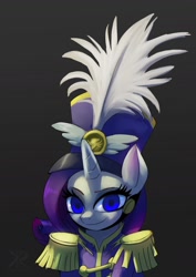 Size: 1000x1414 | Tagged: safe, artist:grissaecrim, character:rarity, species:pony, species:unicorn, episode:testing testing 1-2-3, g4, my little pony: friendship is magic, ancient wonderbolts uniform, clothing, epaulettes, female, gray background, hat, mare, sgt. rarity, shako, simple background, solo, uniform