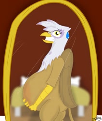 Size: 1083x1280 | Tagged: safe, artist:theimmortalwolf, character:gilda, species:griffon, belly, female, kicking, mirror, pregnant, solo, stretchmarks