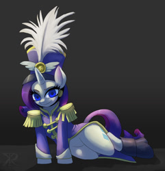 Size: 1211x1255 | Tagged: safe, artist:grissaecrim, character:rarity, species:pony, species:unicorn, episode:testing testing 1-2-3, g4, my little pony: friendship is magic, ancient wonderbolts uniform, clothing, female, gray background, hat, looking at you, mare, on side, sgt. rarity, shako, simple background, solo, uniform