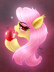 Size: 900x1200 | Tagged: safe, artist:joakaha, character:flutterbat, character:fluttershy, apple, female, looking at you, solo, that pony sure does love apples