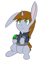 Size: 2021x2779 | Tagged: safe, artist:erthilo, oc, oc only, oc:littlepip, species:rabbit, fallout equestria, clothing, fanfic, fanfic art, female, horn, pipbuck, simple background, solo, species swap, vault suit, white background