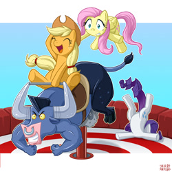 Size: 800x800 | Tagged: safe, artist:uotapo, character:applejack, character:fluttershy, character:iron will, character:rarity, species:earth pony, species:pegasus, species:pony, clothing, faceplant, featureless crotch, female, hat, majestic as fuck, mare, mechanical bull, object pony, original species, ouch, ponified, riding, rodeo, yeehaw
