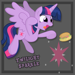 Size: 5790x5790 | Tagged: safe, artist:thebrokencog, character:twilight sparkle, character:twilight sparkle (alicorn), species:alicorn, species:pony, absurd resolution, female, hay burger, mare, pounce, smiling, solo, that pony sure does love burgers, tongue out, twilight burgkle, underhoof