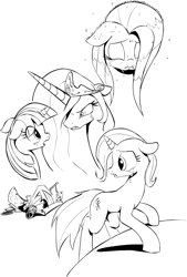 Size: 1321x1956 | Tagged: safe, artist:zev, character:fluttershy, character:princess celestia, character:trixie, character:twilight sparkle, crying, grayscale, monochrome, rain, sad, wagon