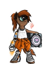 Size: 595x800 | Tagged: safe, artist:greyscaleart, species:pony, bipedal, chell, companion cube, crossover, female, mare, portal (valve), portal 2, solo