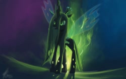 Size: 1600x1008 | Tagged: safe, artist:grissaecrim, character:queen chrysalis, species:changeling, g4, backlighting, changeling queen, female, fire, solo