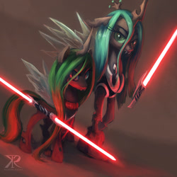 Size: 900x900 | Tagged: safe, artist:grissaecrim, character:queen chrysalis, oc, oc:temptation, species:changeling, g4, armor, changeling queen, crossover, double lightsaber, duo, duo female, female, lightsaber, looking at you, sith, star wars, weapon