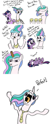 Size: 397x947 | Tagged: safe, artist:greyscaleart, character:princess celestia, character:twilight sparkle, character:twilight sparkle (alicorn), species:alicorn, species:pony, cardboard, comic, derp, extra legs, lowres, necktie, perfection, playing dead, random, sillestia, toilet paper roll, uselesstia, wat