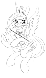 Size: 1138x1920 | Tagged: safe, artist:zev, character:princess cadance, species:pony, arrow, bipedal, bow, cupid, female, grayscale, monochrome, mouth hold, smiling, solo, spread wings, weapon, wings