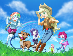 Size: 1040x800 | Tagged: safe, artist:uotapo, character:applejack, character:fluttershy, character:pinkie pie, character:rainbow dash, character:rarity, character:winona, species:bird, my little pony:equestria girls, angry, anime, applejack's hat, belt, boots, bra, clothing, cloud, comedy, compression shorts, cowboy boots, cowboy hat, cute, dashabetes, diapinkes, eyes closed, female, funny, garden hose, grass, green eyes, happy, hat, having fun, hose, jackabetes, jeans, mouth hold, one eye closed, open mouth, pants, pink eyes, raribetes, scared, see-through, see-through shirt, shoes, shorts, shorts over shorts, shrunken pupils, shyabetes, skirt, sky, smiling, sneakers, socks, sunny day, tongue out, tongue sticking out, underwear, visible bra, water spray, wet, wet clothes, wet shirt, wink, winonabetes
