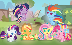 Size: 5120x3200 | Tagged: safe, artist:beavernator, character:applejack, character:fluttershy, character:pinkie pie, character:rainbow dash, character:rarity, character:twilight sparkle, character:twilight sparkle (alicorn), species:alicorn, species:pony, all glory to the beaver grenadier, babity, baby, baby dash, baby pie, baby pony, babyjack, babylight sparkle, babyshy, beavernator is trying to murder us, cute, dashabetes, diapinkes, female, filly, flying, foal, jackabetes, looking at you, mane six, mare, open mouth, rainbow power, raribetes, shyabetes, sitting, smiling, twiabetes, weapons-grade cute